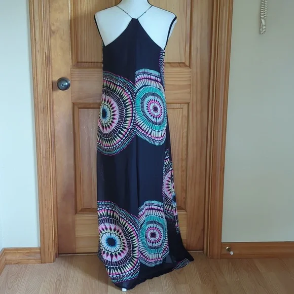 Old Navy T-Strap Chiffon Geometric Boho Maxi Dress S Blue Pink - Picture 10 of 16